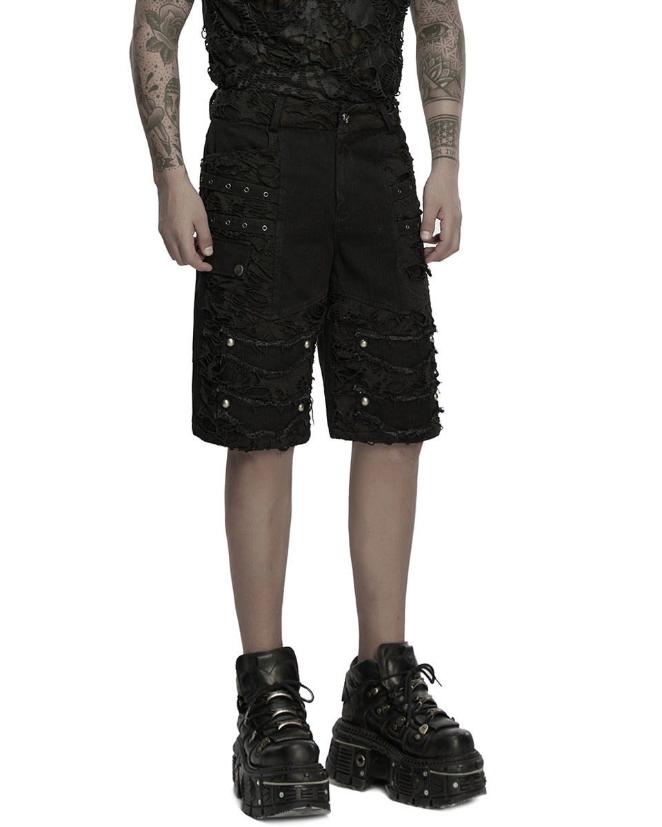 WK-733XDM-BKM Mens Apocalyptic Punk Studded & Shredded Cutoff Shorts