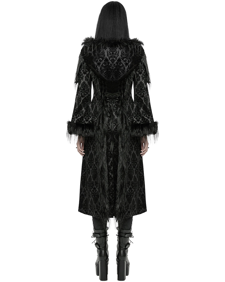 WY-1651LCF Womens Long Gothic Damask & Faux Fur Hooded Coat