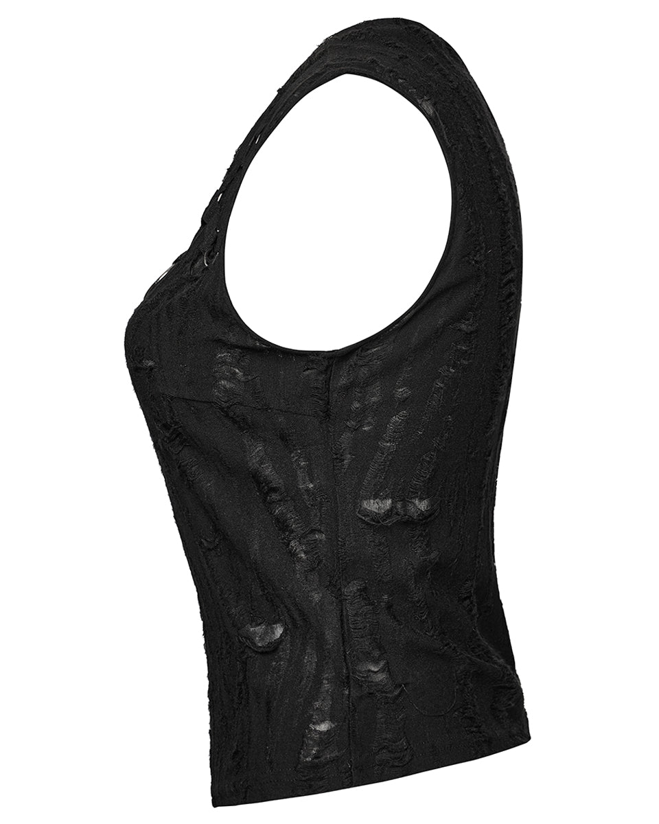 WT-920BXF-BKF Womens Apocalyptic Punk Shredded Broken Knit Tank Top Vest