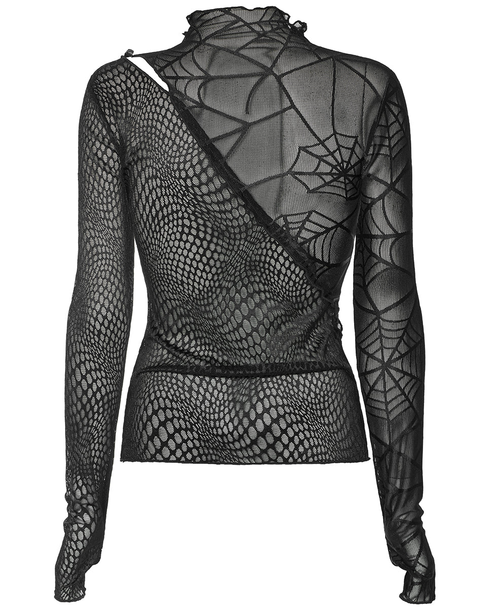 OPT-857 Daily Life Womens Asymmetric Spliced Gothic Spiderweb Top