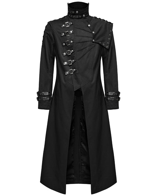 WY-1602XCM-BKM Mens Long Gothic CyberPunk Asymmetric Shoulder Armour Trench Coat