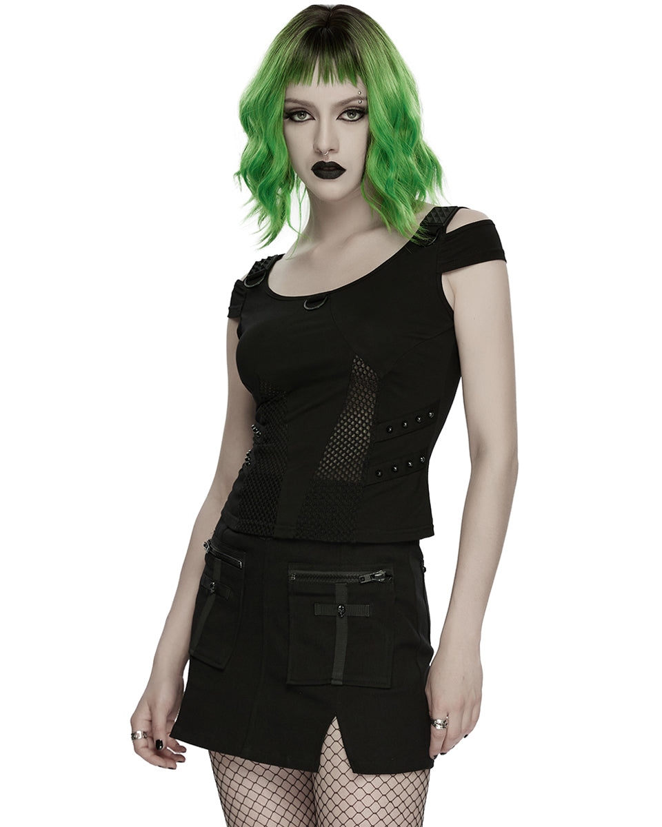 WT-1065TDF Womens Apocalyptic Gothic Studded Mesh Inset T-Shirt Top