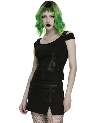 WT-1065TDF Womens Apocalyptic Gothic Studded Mesh Inset T-Shirt Top