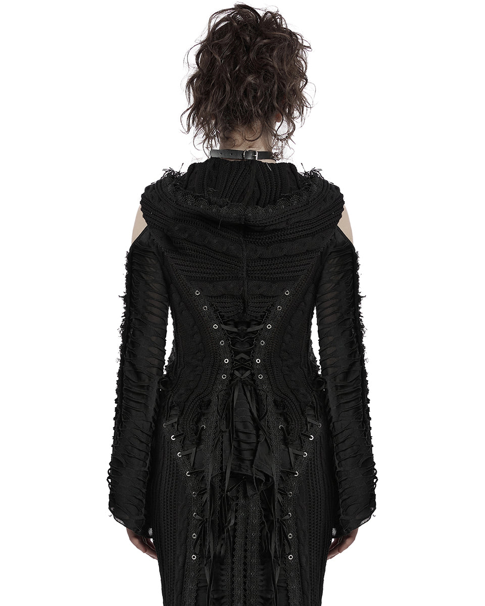 OM-089KMF Daily Life Apocalyptic Gothic Spliced Shredded Knit Hooded Cardigan Jacket