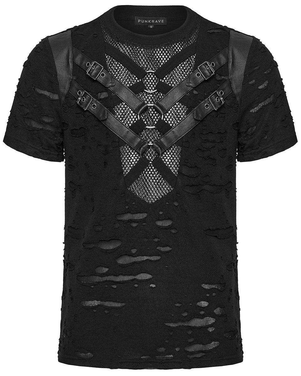 WT-1005TDM-BKM Mens Apocalyptic Gothic Shredded Fishnet Inset T Shirt Top