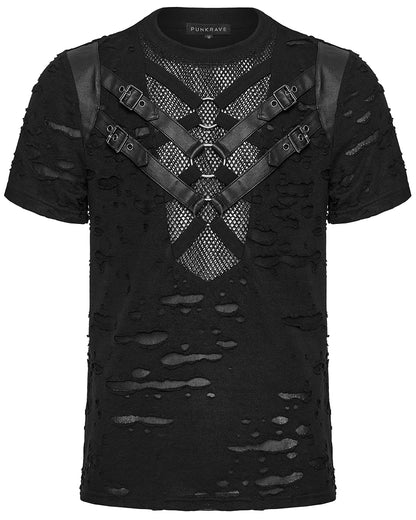 WT-1005TDM-BKM Mens Apocalyptic Gothic Shredded Fishnet Inset T Shirt Top