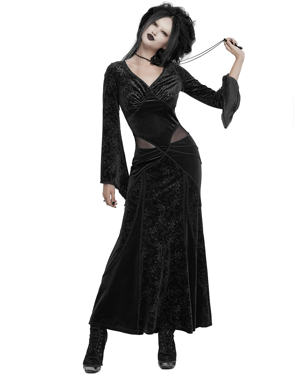 WQ-741LQF Womens Long Baroque Gothic Embossed Velvet Maxi Dress - Black