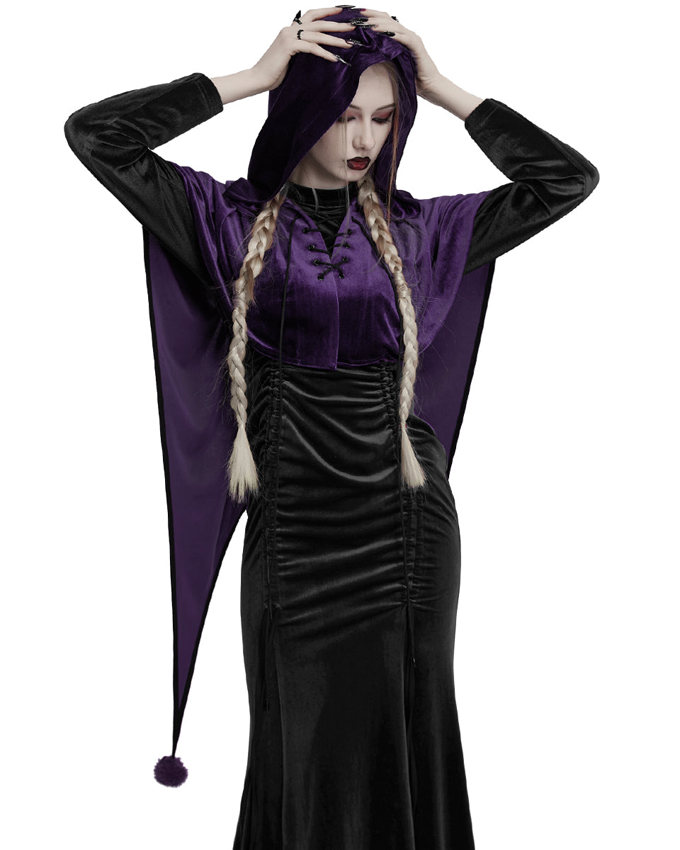 OPY-444DQF Daily Life Womens Velvet Gothic Lolita Hooded Split Tails Bolero Cape - Purple
