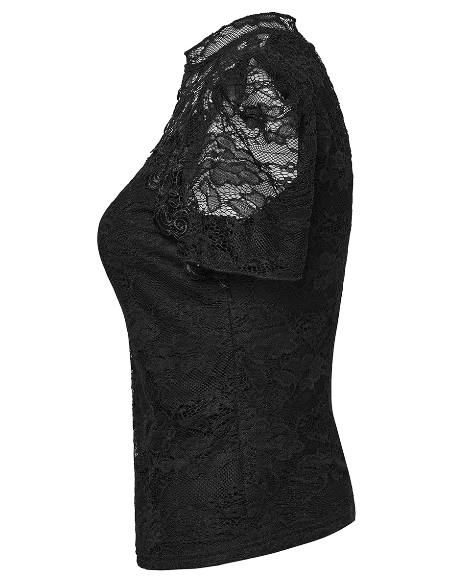 PR-OPT-989TDF-BKF Womens Elegant Gothic Lace Overlayer Applique T-Shirt Top