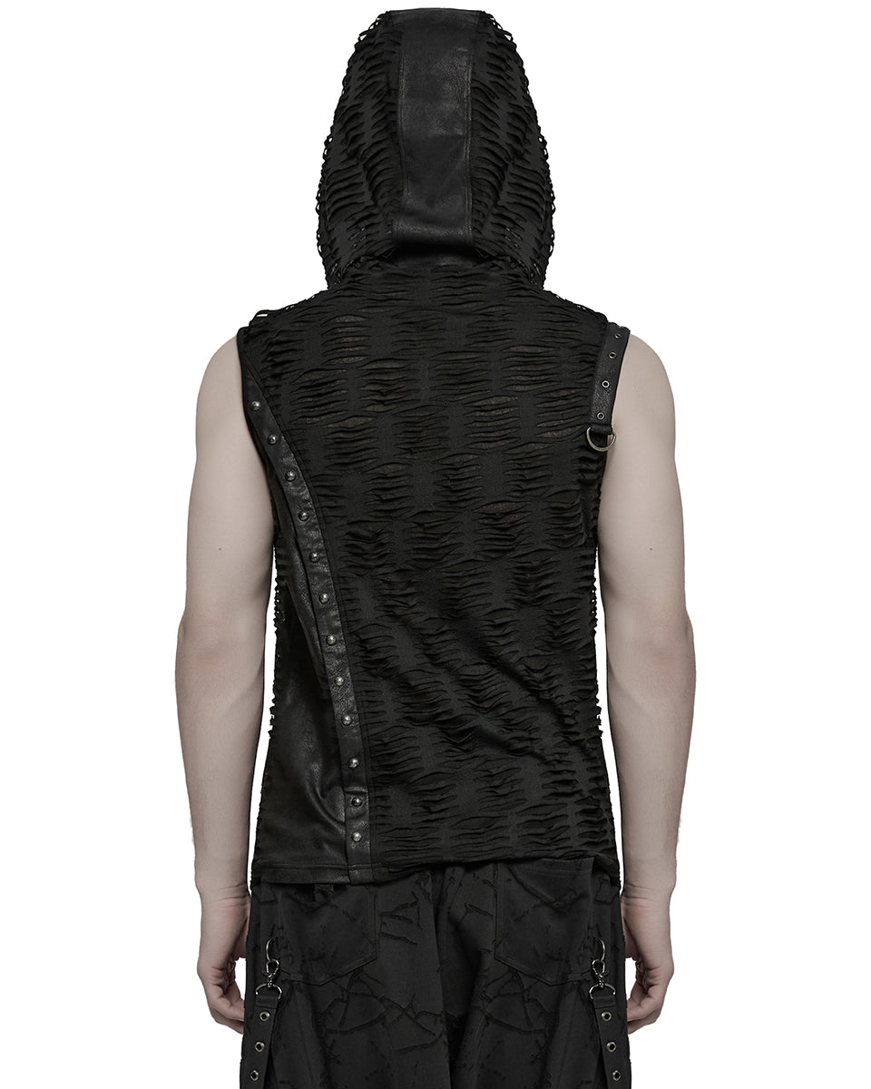 WT-1003BXM-BKM Mens Apocalyptic Gothic Spliced & Shredded Hooded Tank Top Vest