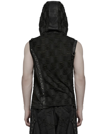 WT-1003BXM-BKM Mens Apocalyptic Gothic Spliced & Shredded Hooded Tank Top Vest