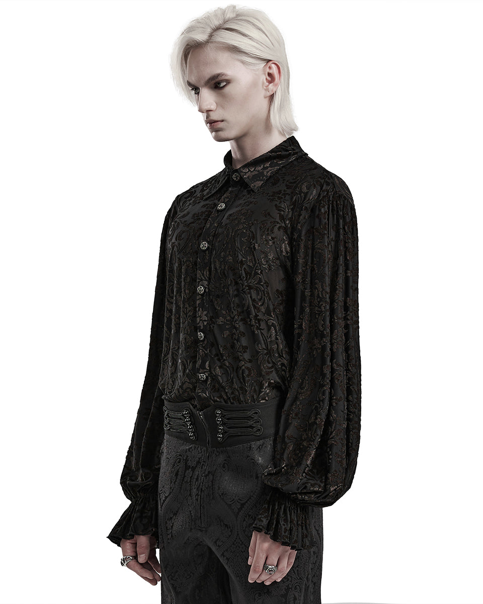 PR-WY-1558CCM-BK-GDM Mens Gothic Damask Flocking Poet Shirt - Black & Gold