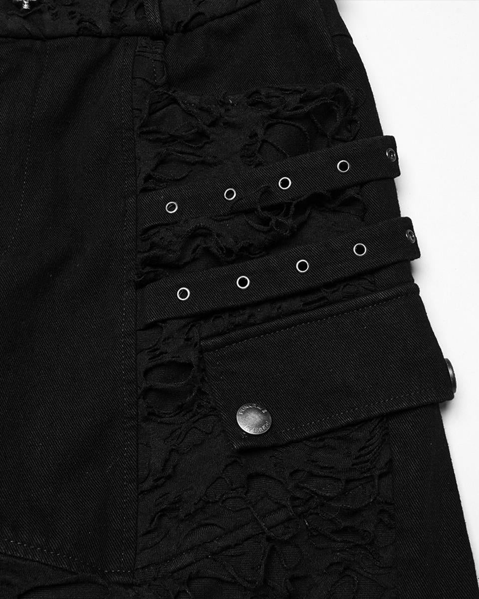 WK-733XDM-BKM Mens Apocalyptic Punk Studded & Shredded Cutoff Shorts