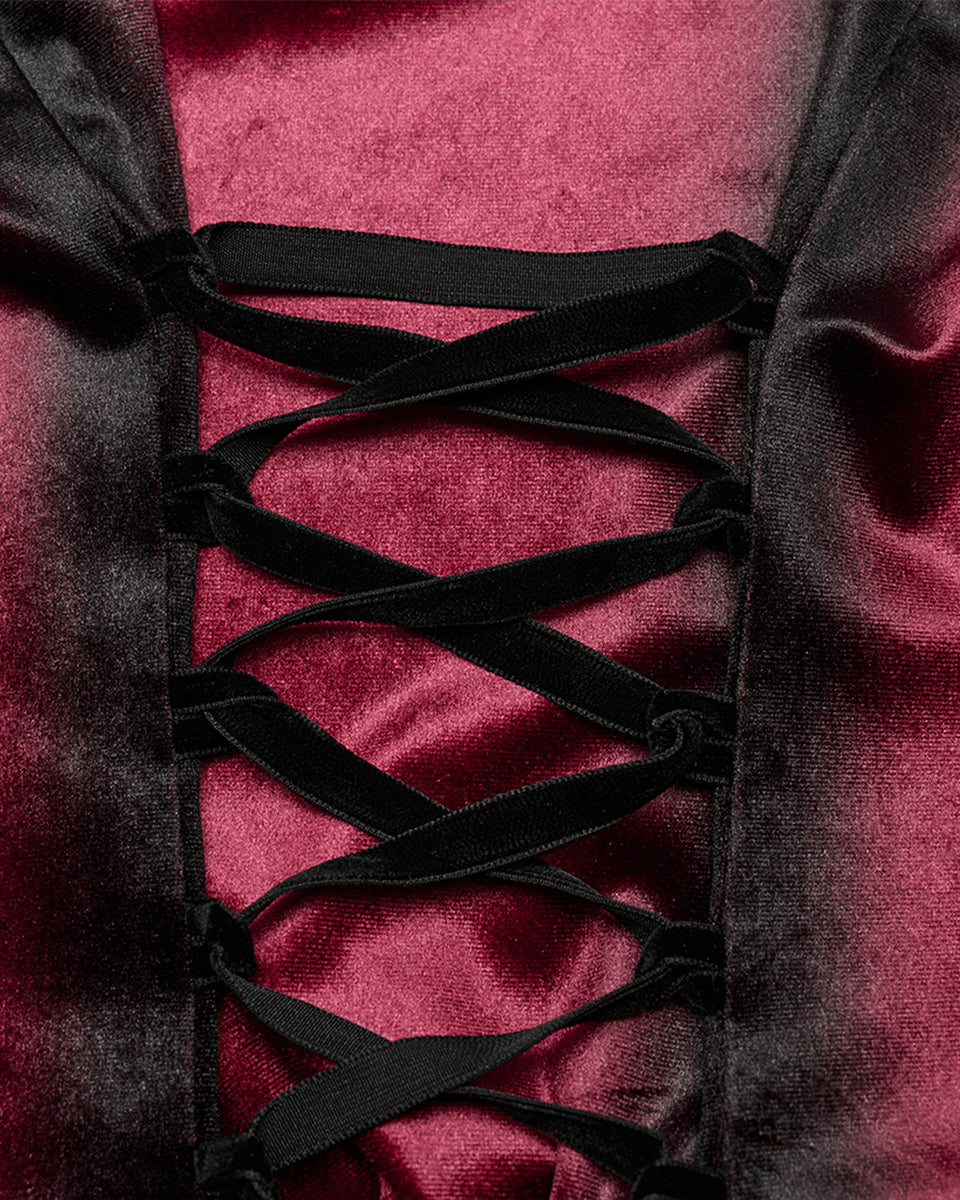 OY-1697DQF-RDF Daily Life Gothic Gradient Velvet Bat Collar Blouse Top - Red & Black