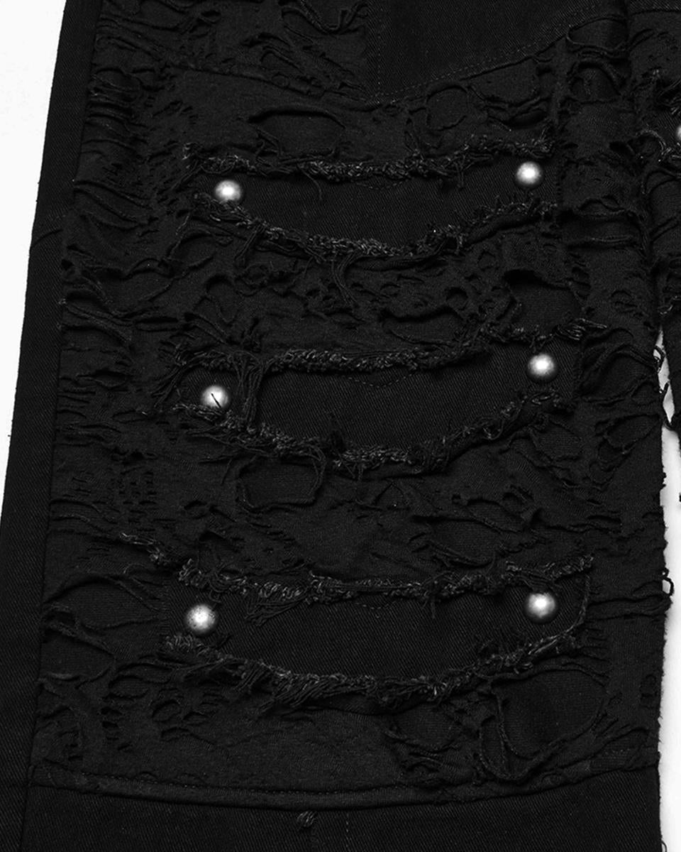 WK-707XCM-BKM Mens Apocalptic Gothic Studded Shredded Mesh Inset Pants