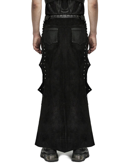 WQ-737BQM-BKM Mens Long Apocalyptic CyberPunk Mesh Contrast Kilt Skirt