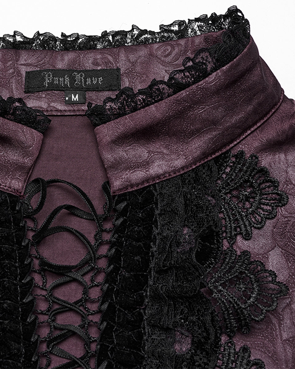 PR-WY-1785 Mens Gothic Embossed Print Lace-Up Pirate Shirt - Red
