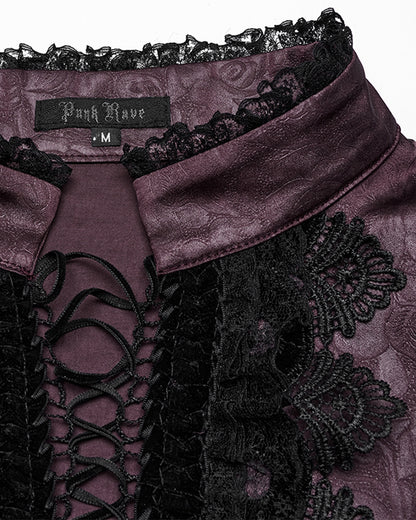 PR-WY-1785 Mens Gothic Embossed Print Lace-Up Pirate Shirt - Red