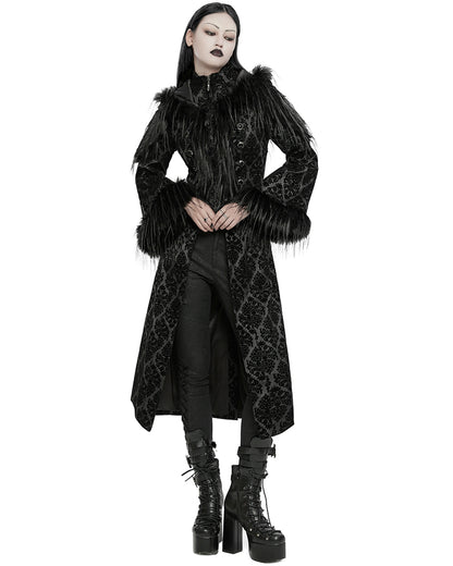 WY-1651LCF Womens Long Gothic Damask & Faux Fur Hooded Coat