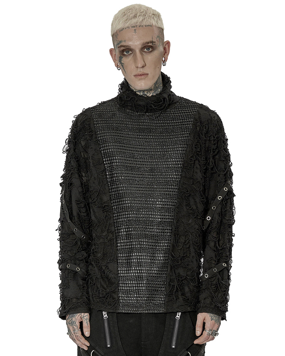 Punk Rave Mens Dystopian Cyberpunk Shredded Mesh Panelling Top