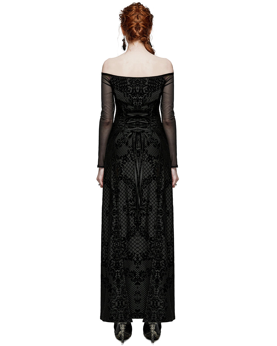 PR-WQ-651LQF-BKF Womens Gothic Flocked Velvet Damask Off-Shoulder Maxi Dress