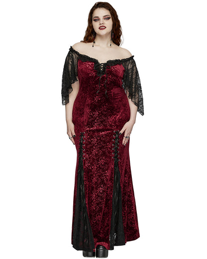 DQ-730LQF Plus Size Womens Gothic Embossed Velvet Off-Shoulder Maxi Dress - Red