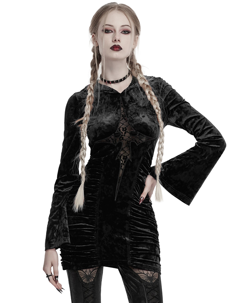 OQ-840LQF Daily Life Womens Dark Gothic Lace Crucifix Hooded Bodycon Dress