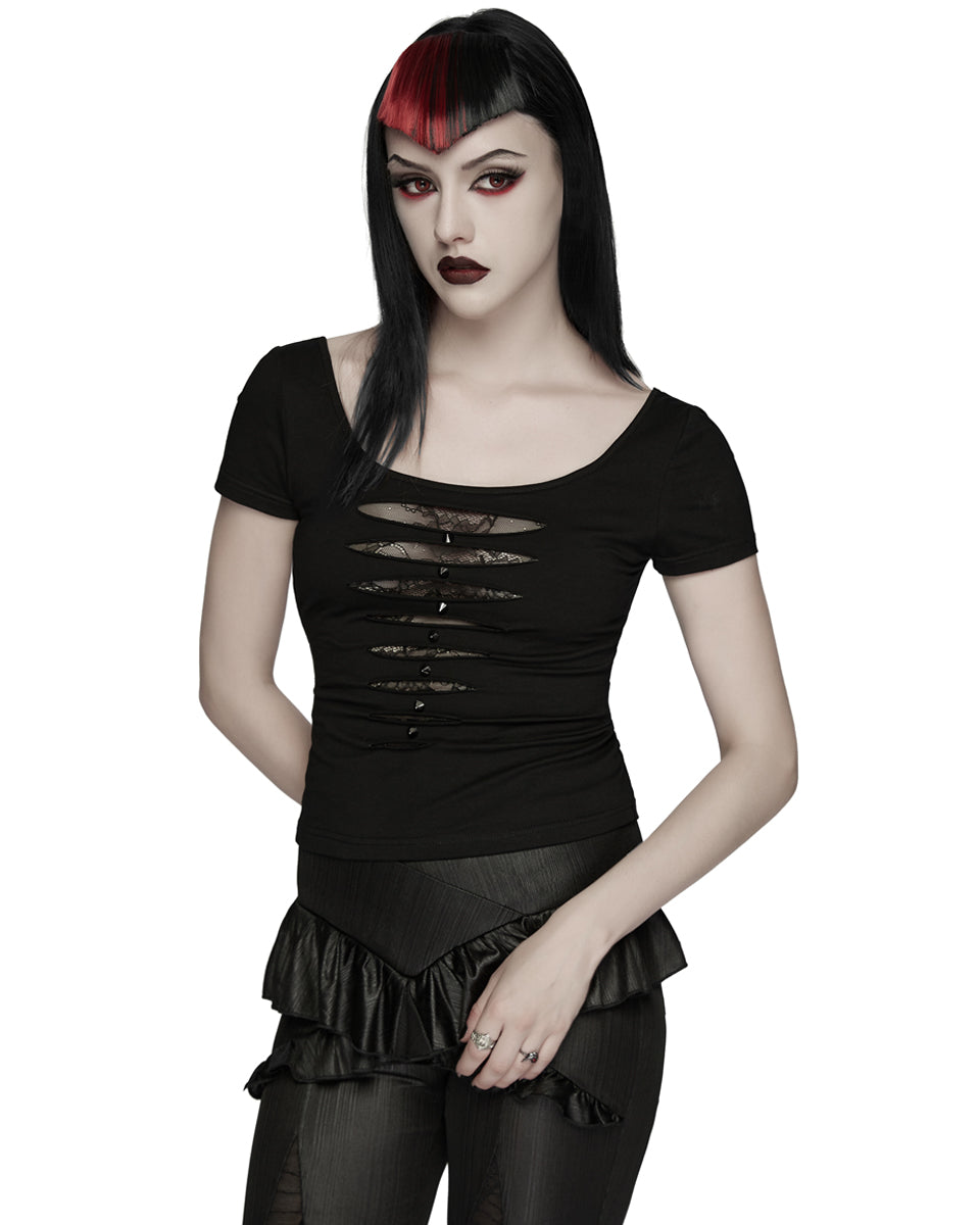 WT-1081TDF Womens Gothic Studded & Slashed Mesh Inset Tee