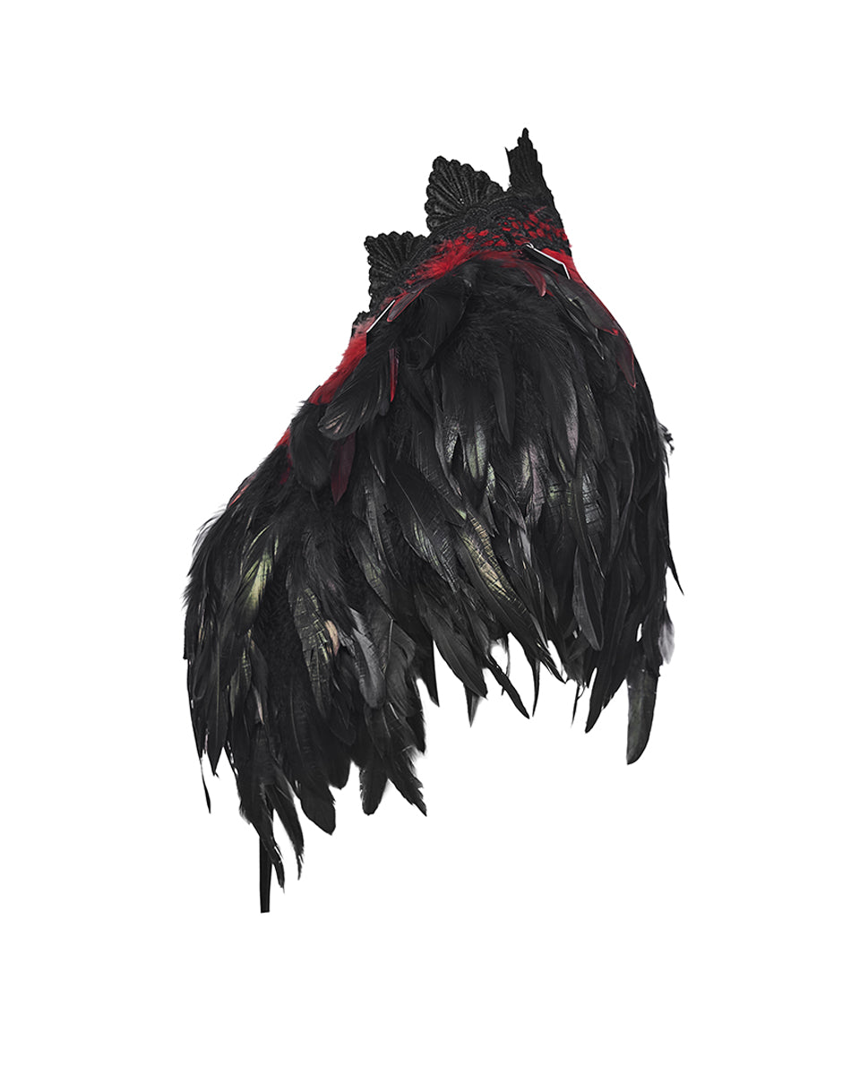WS-807QTF Womens Gothic Burlesque Feathered Shawl Cape - Black & Red