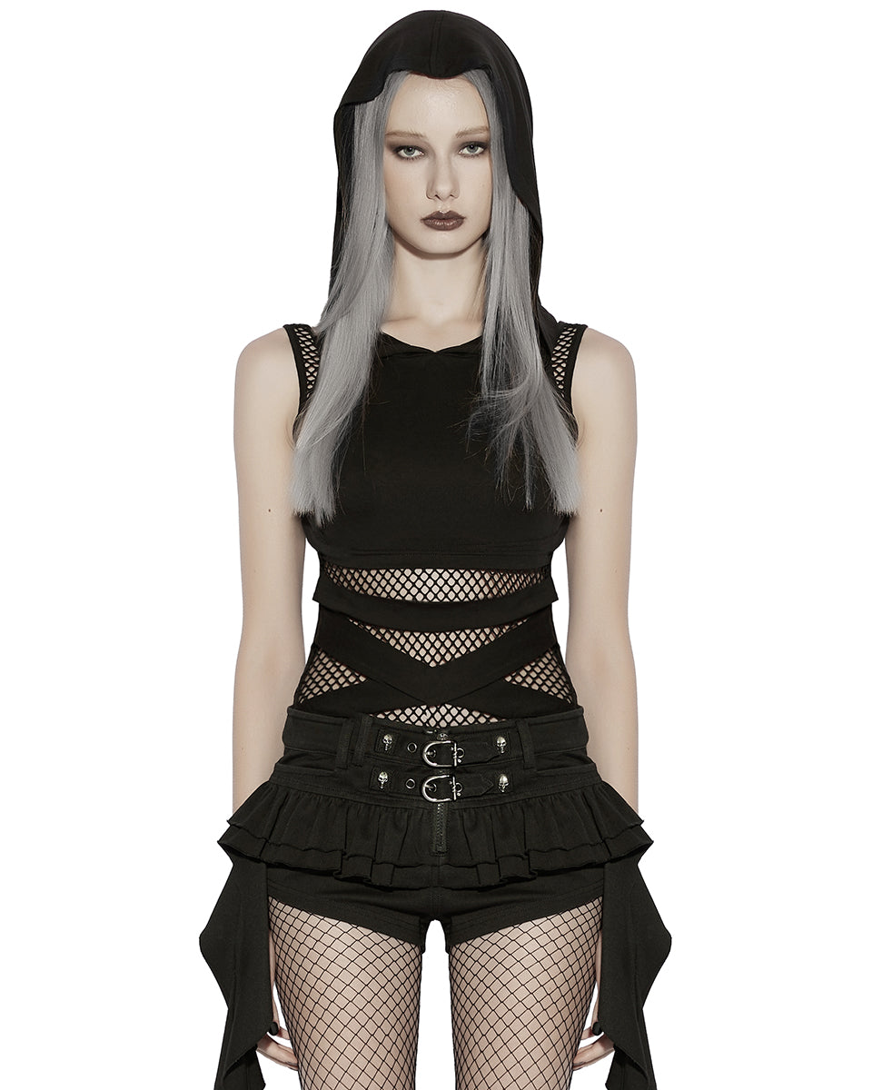 PR-OT-1084TDF-BKF Daily Life Womens Gothic Wasteland Fishnet Contrast Hooded Vest Top
