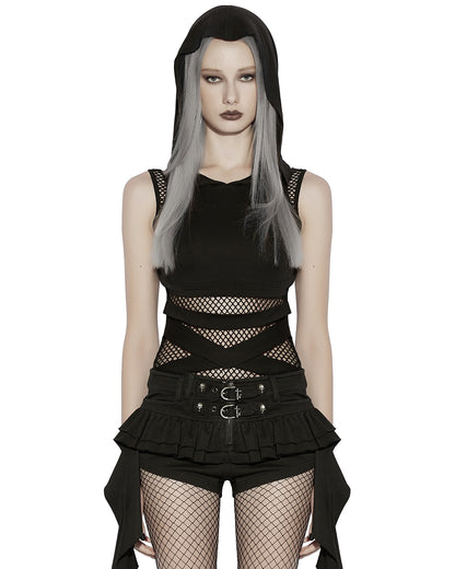 PR-OT-1084TDF-BKF Daily Life Womens Gothic Wasteland Fishnet Contrast Hooded Vest Top