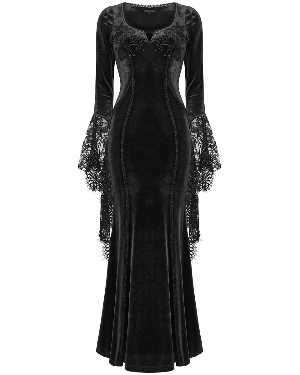 OQ-850LQF Daily Life Womens Long Gothic Velvet Applique Maxi Dress - Black