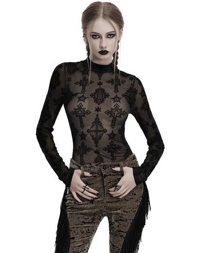 OT-990DQF-BKF Womens Gothic Flocked Mesh Crucifix Top
