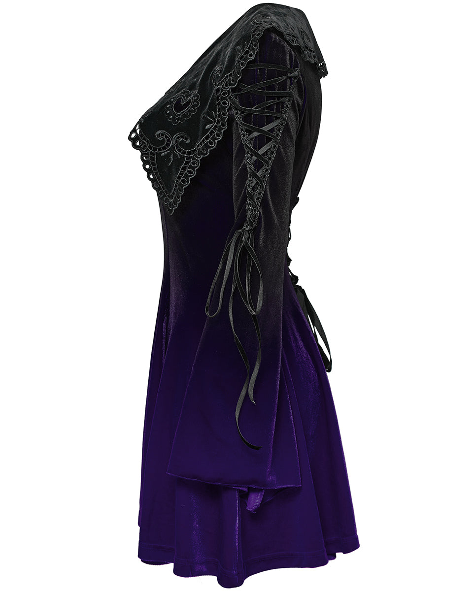 WQ-770LQF Womens Gothic Velvet Mini Dress With Oversize Embellished Collar - Purple & Black Gradient