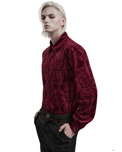 PR-WY-1541CCM-RDM Mens Gothic Aristocrat Embossed Velvet Damask Shirt - Red