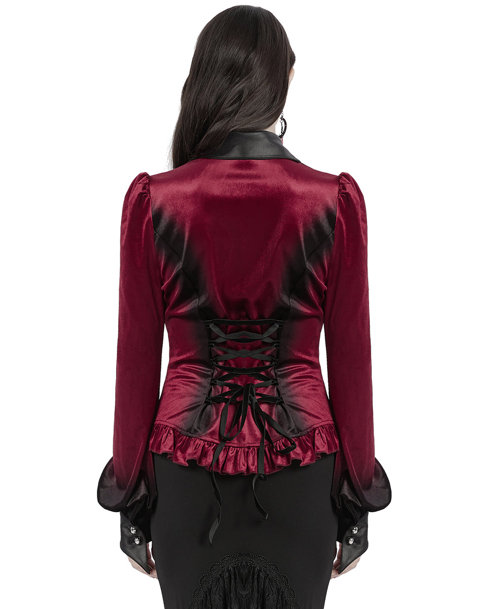 OY-1697DQF-RDF Daily Life Gothic Gradient Velvet Bat Collar Blouse Top - Red & Black