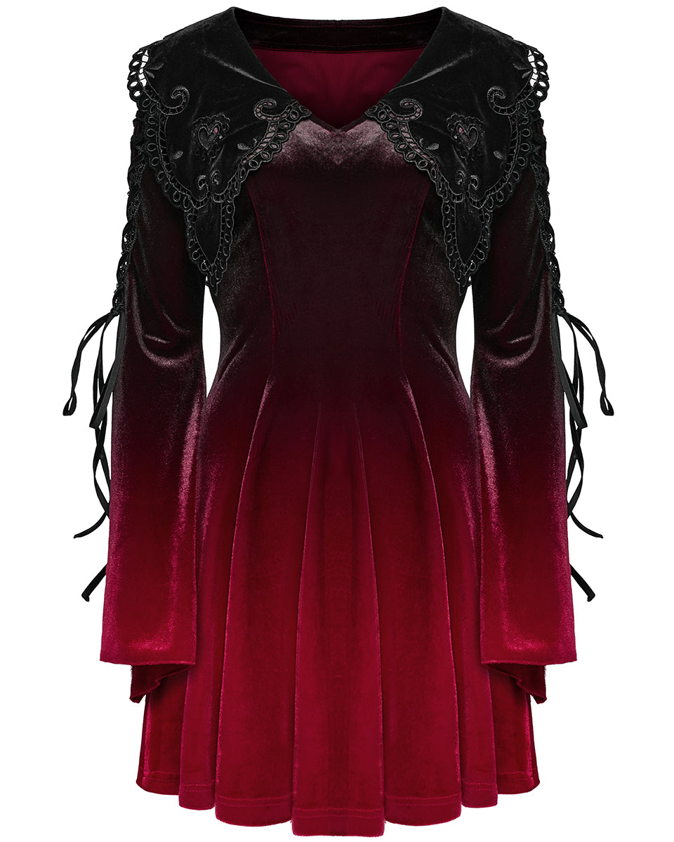 WQ-770LQF Womens Gothic Velvet Mini Dress With Oversize Embellished Collar - Red & Black Gradient