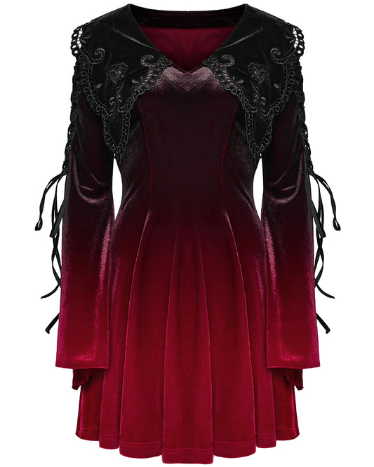 WQ-770LQF Womens Gothic Velvet Mini Dress With Oversize Embellished Collar - Red & Black Gradient