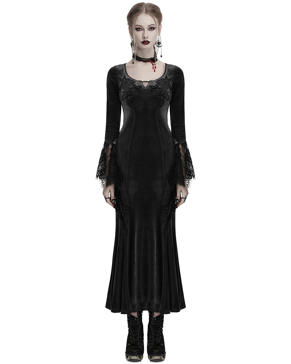 OQ-850LQF Daily Life Womens Long Gothic Velvet Applique Maxi Dress - Black