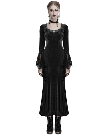 OQ-850LQF Daily Life Womens Long Gothic Velvet Applique Maxi Dress - Black