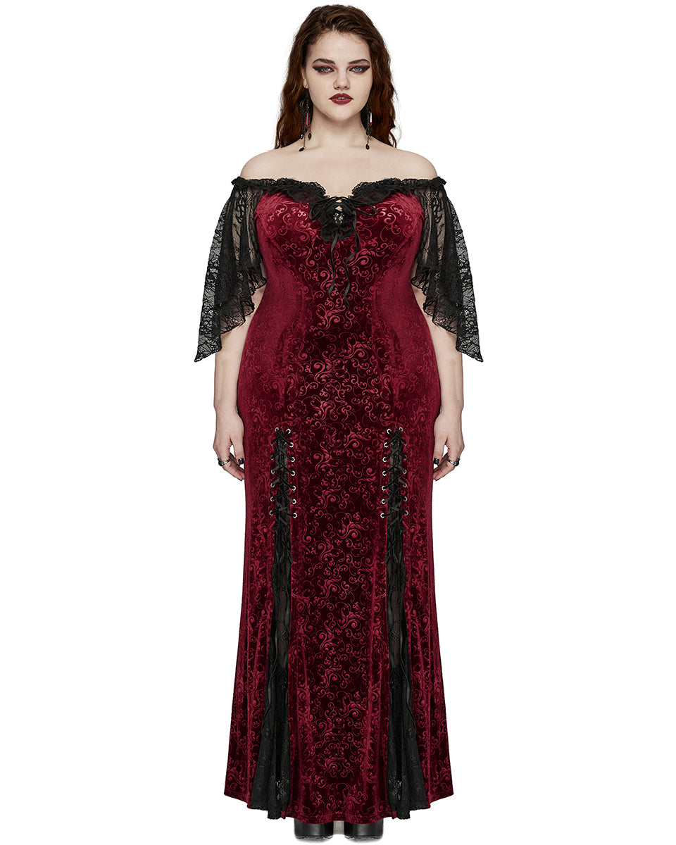 DQ-730LQF Plus Size Womens Gothic Embossed Velvet Off-Shoulder Maxi Dress - Red