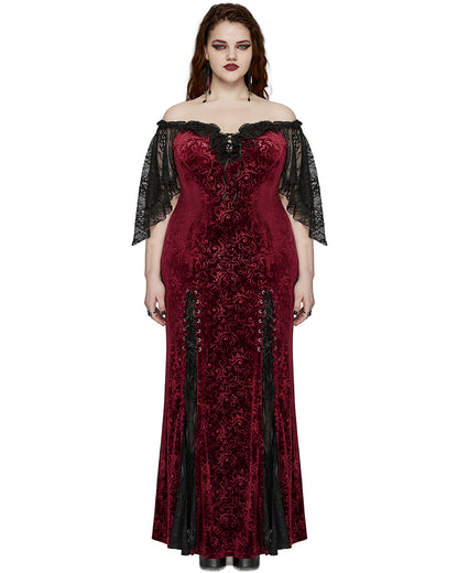 DQ-730LQF Plus Size Womens Gothic Embossed Velvet Off-Shoulder Maxi Dress - Red