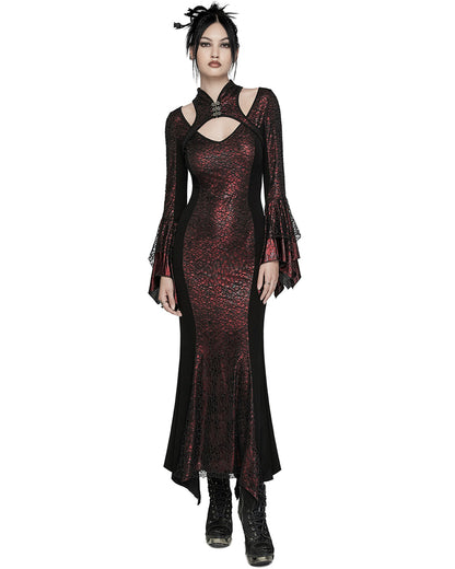 WQ-772LQF Womens Long Gothic Fitted Maxi Dress With Mesh Contrast - Red & Black