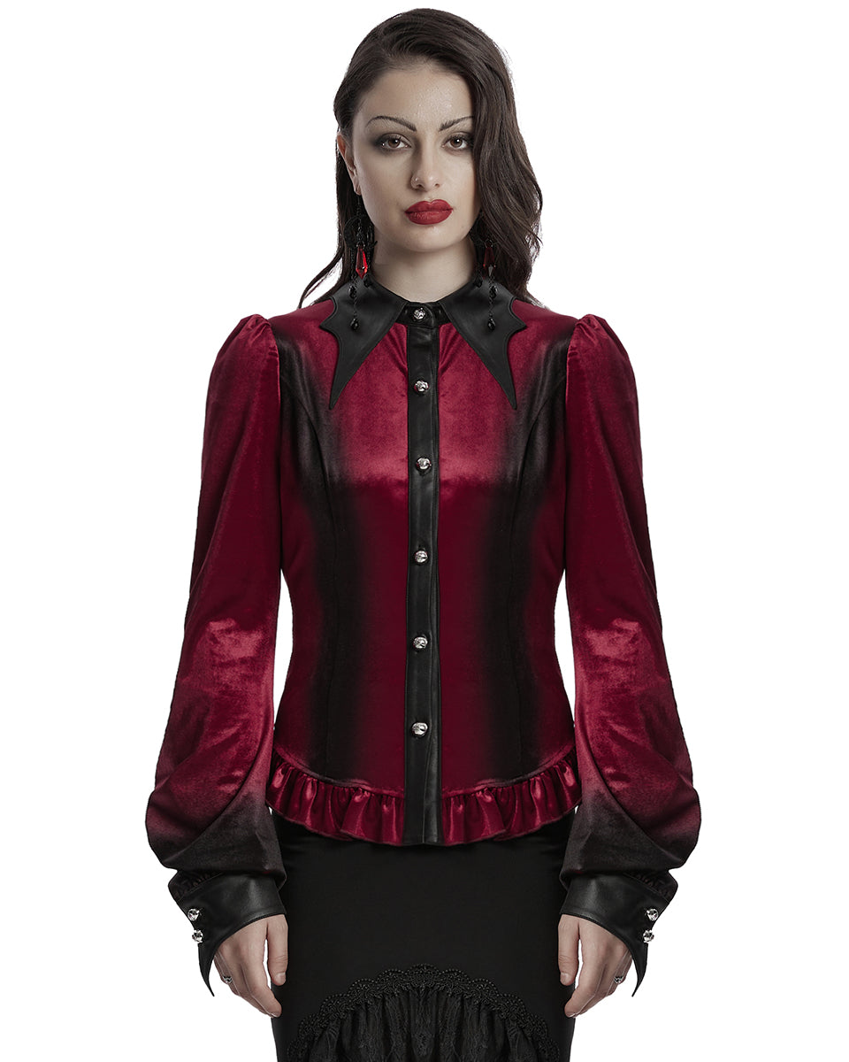 OY-1697DQF-RDF Daily Life Gothic Gradient Velvet Bat Collar Blouse Top - Red & Black