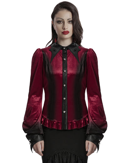 OY-1697DQF-RDF Daily Life Gothic Gradient Velvet Bat Collar Blouse Top - Red & Black