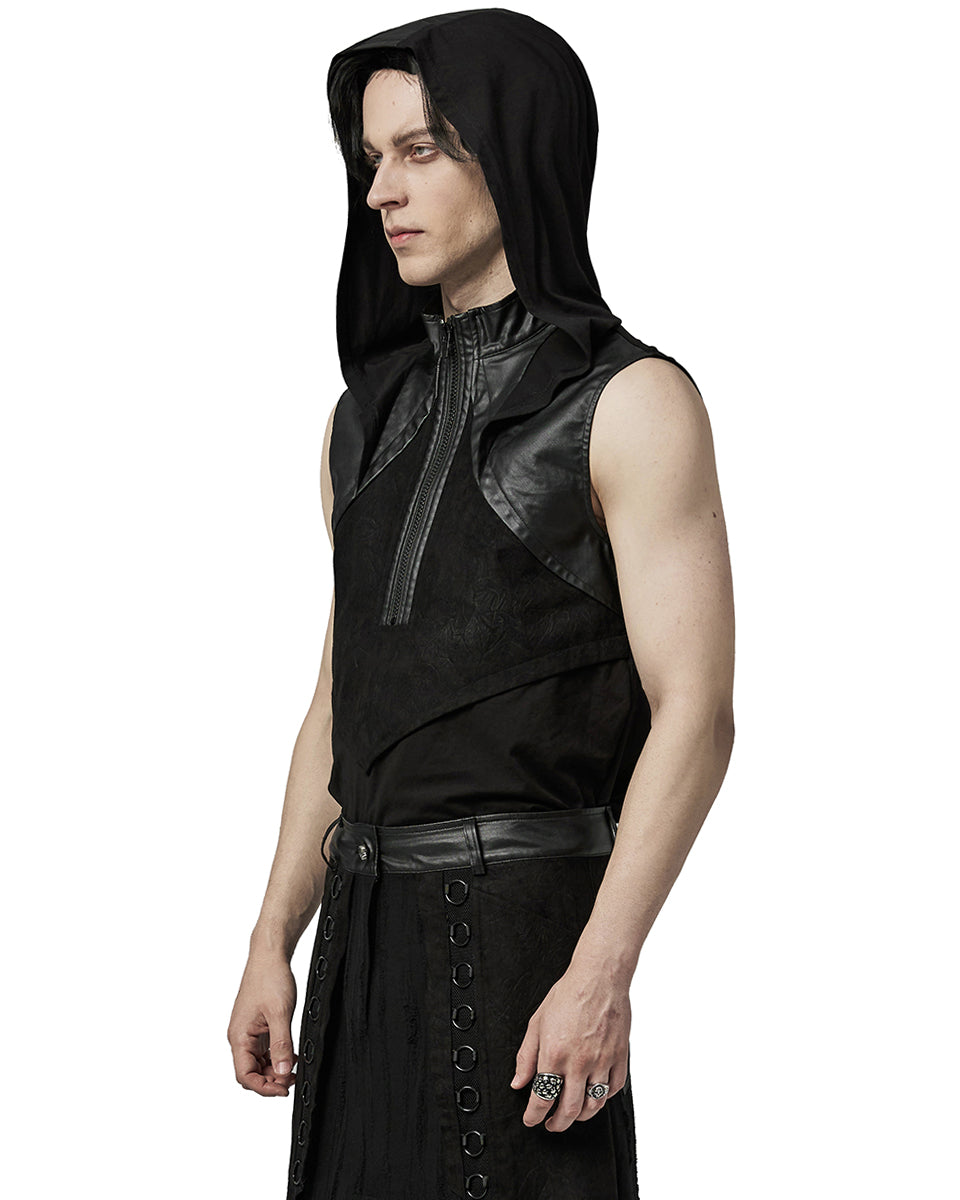 WT-892BXM-BKM Mens Gothic CyberPunk Sectional Hooded Tank Top Vest