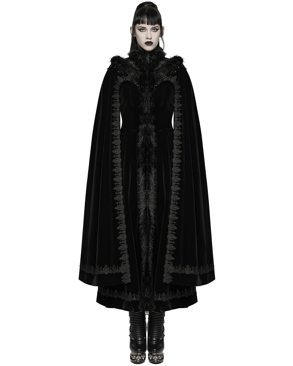 WY-1811DPF Womens Long Elegant Gothic Velvet & Faux Fur Beaded Cloak Coat