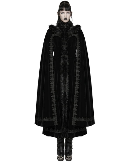WY-1811DPF Womens Long Elegant Gothic Velvet & Faux Fur Beaded Cloak Coat