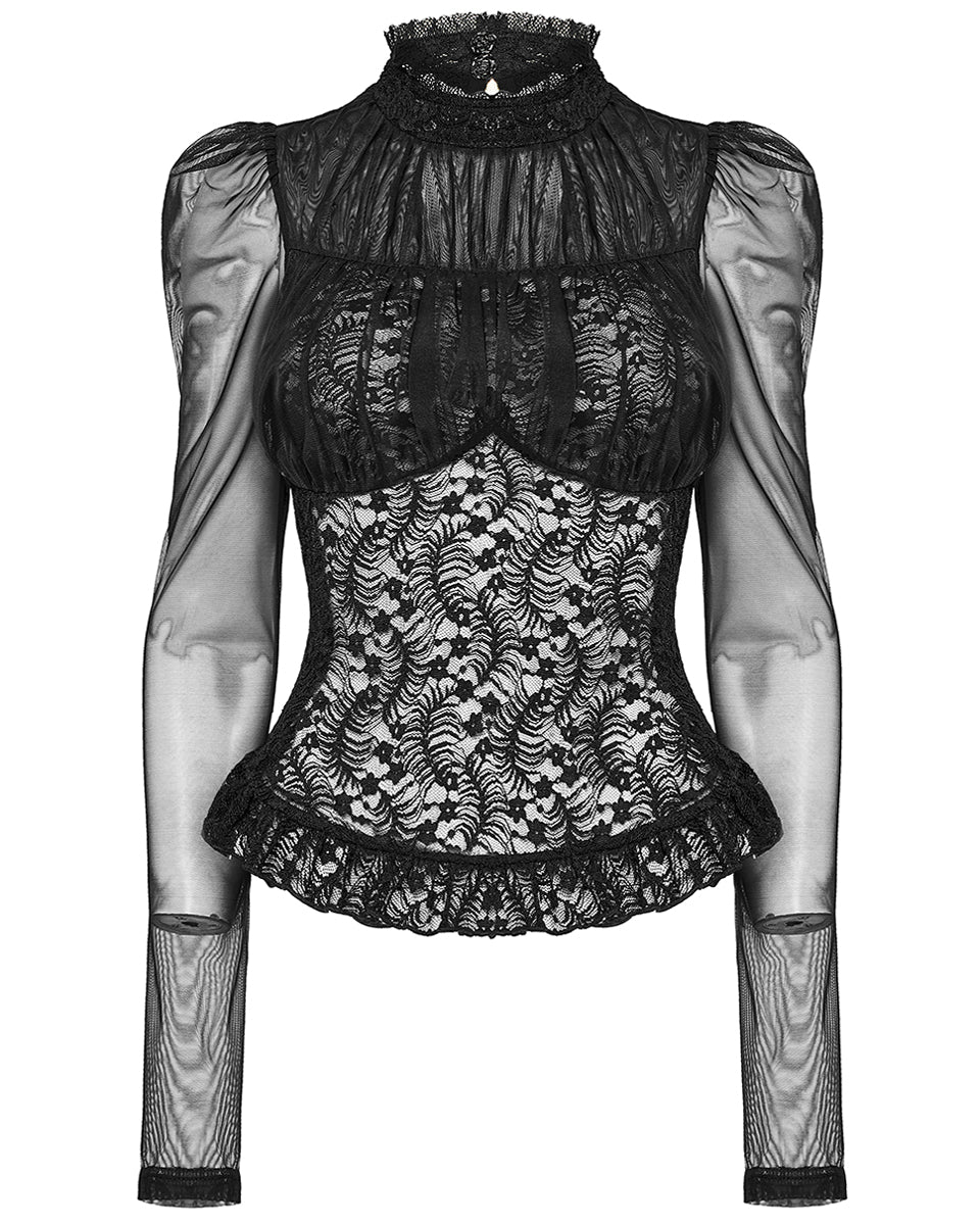 PR-WT-807TCF-BKF Womens Ornate Gothic Lace & Mesh Blouse Top