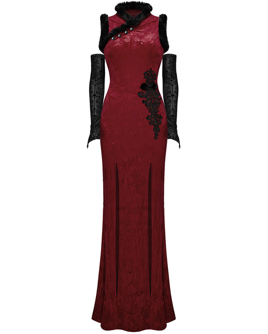 WQ-756LQF Womens Gothic Embossed Rose Velvet & Faux Fur Cheongsam Dress - Red